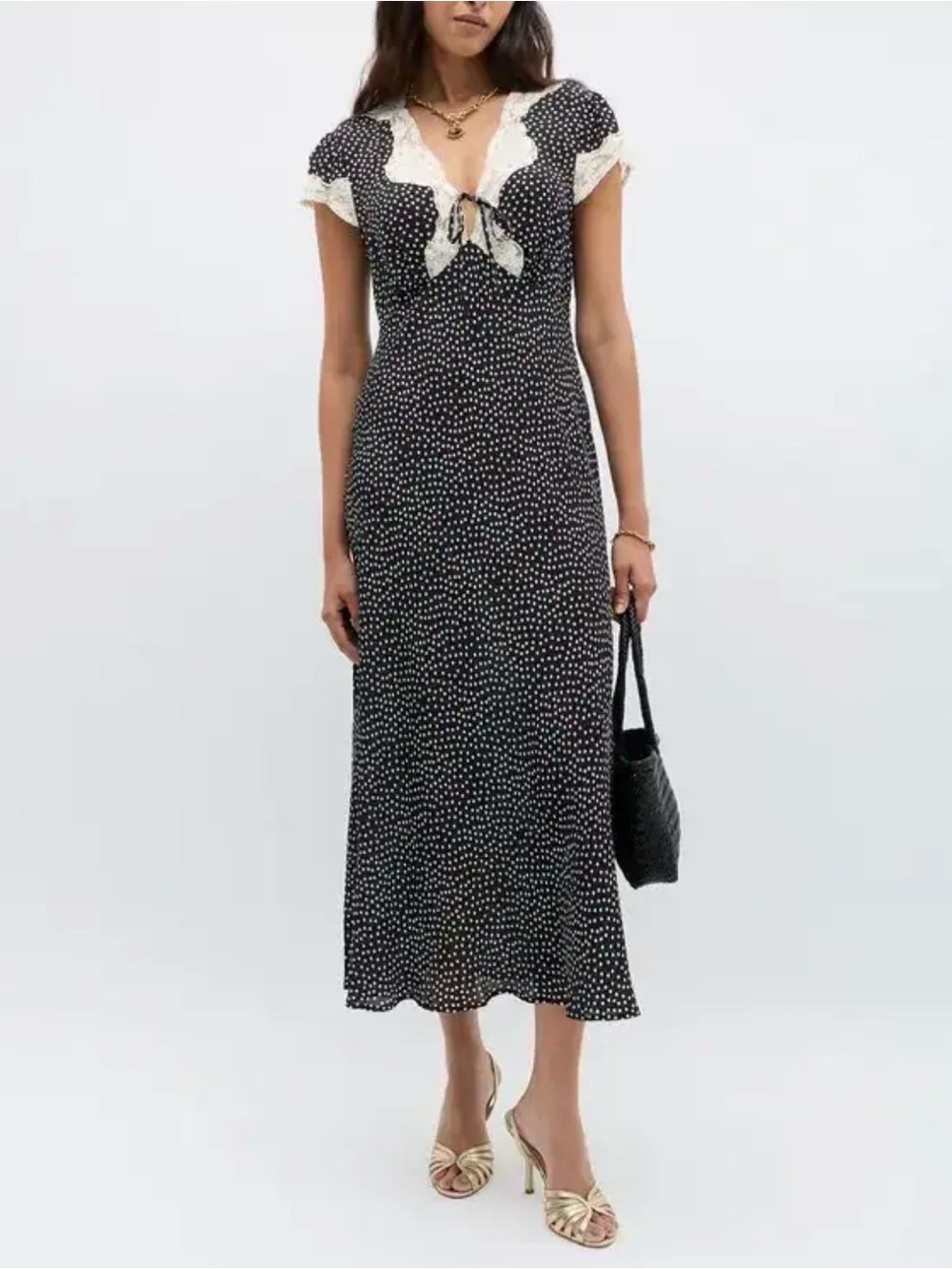 RIXO Black and White Polka Dot Lace Trim Amari Dress